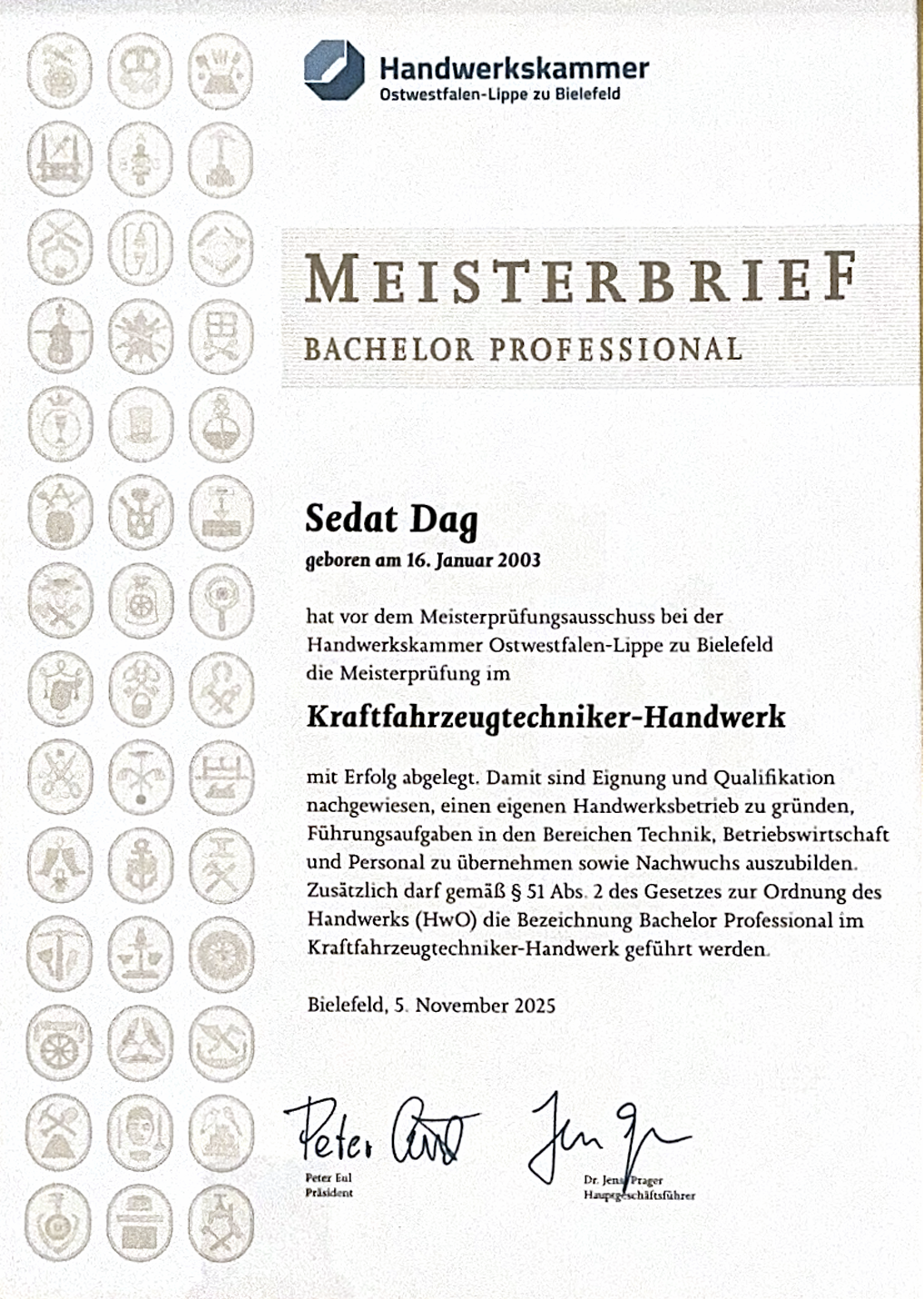 Meisterbrief - Kraftfahrzeugtechnikermeister Sedat Dag